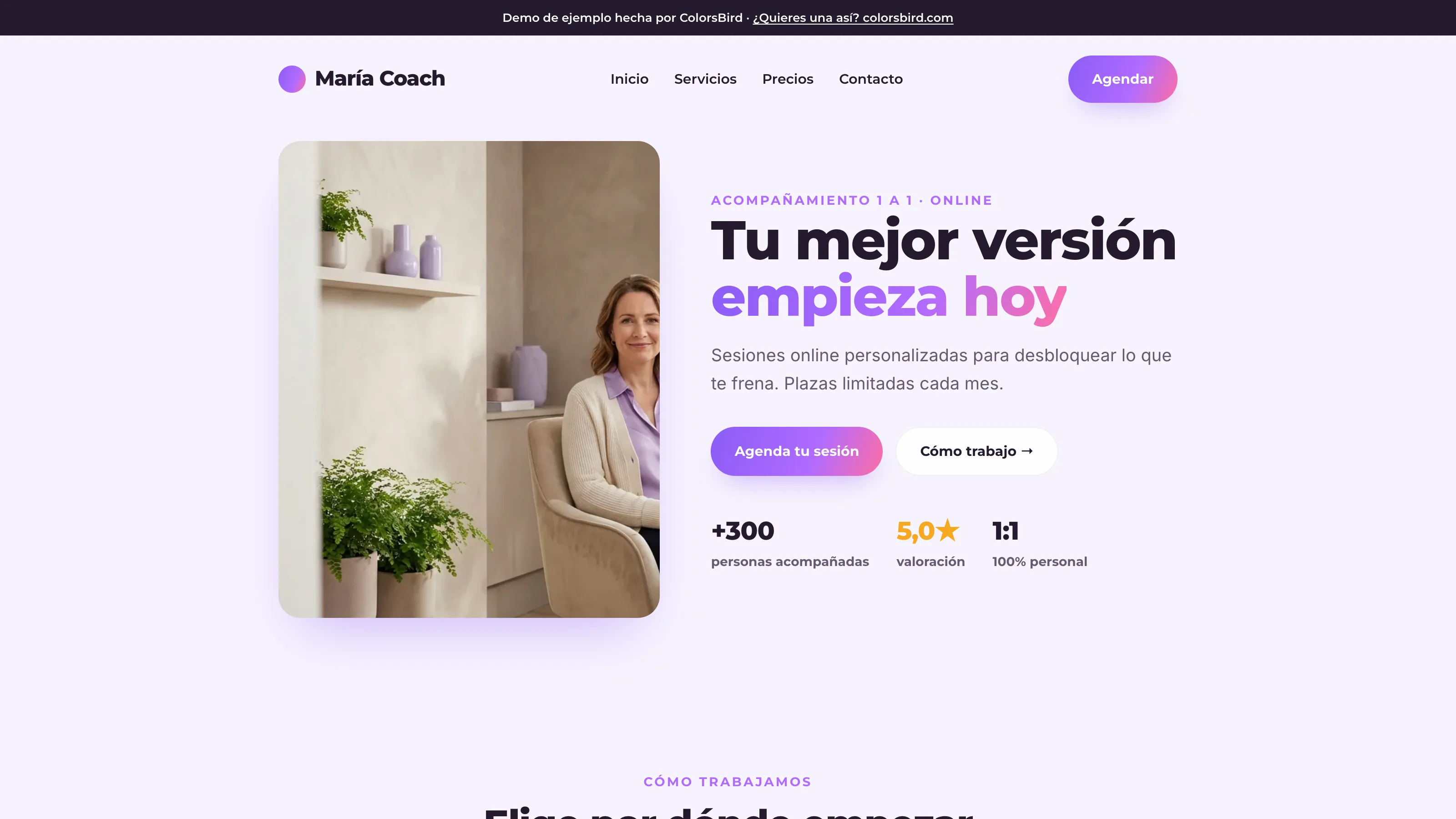 Ejemplo de landing page para una coach hecha por ColorsBird