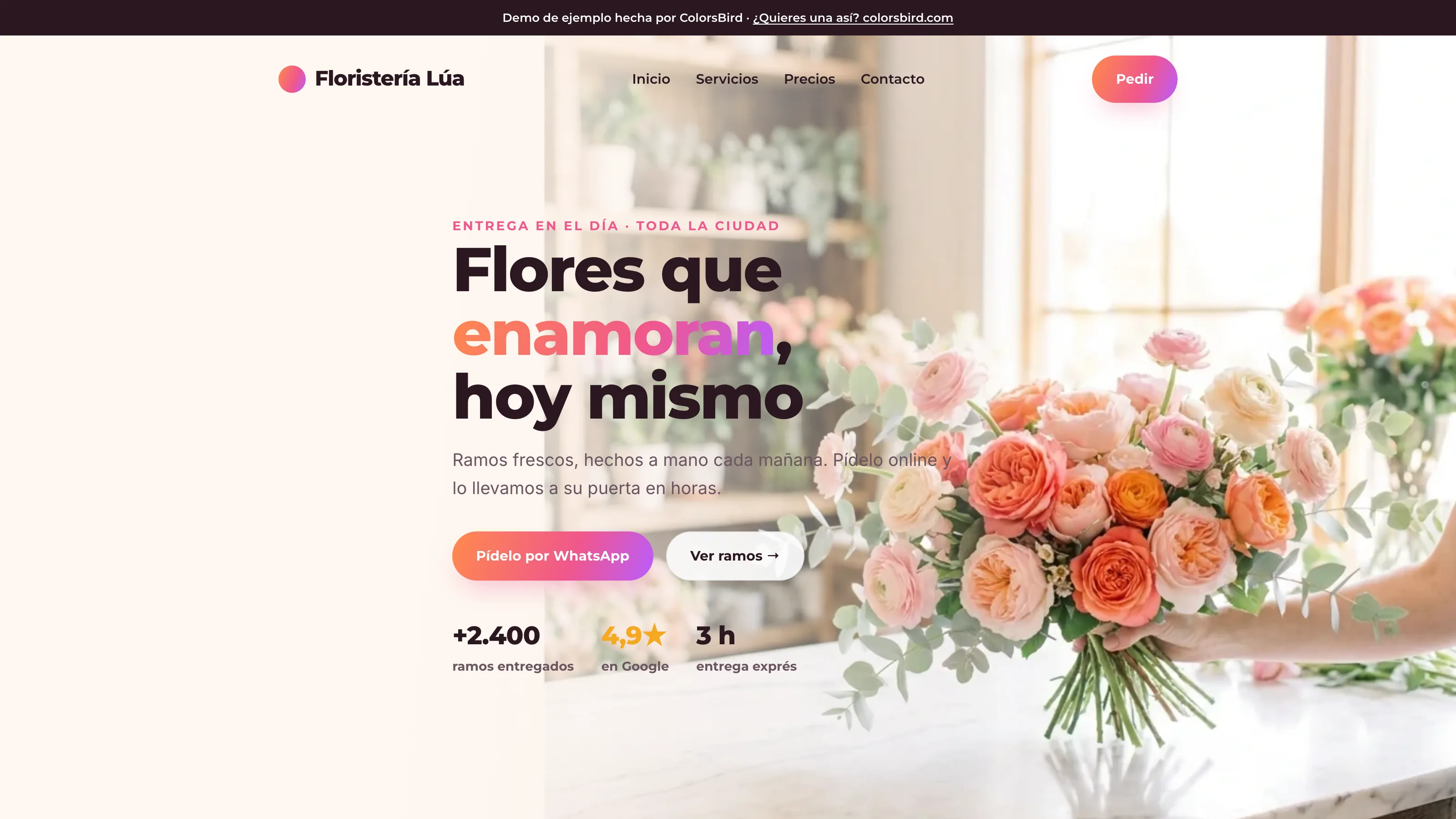 Ejemplo de landing page para una floristería hecha por ColorsBird